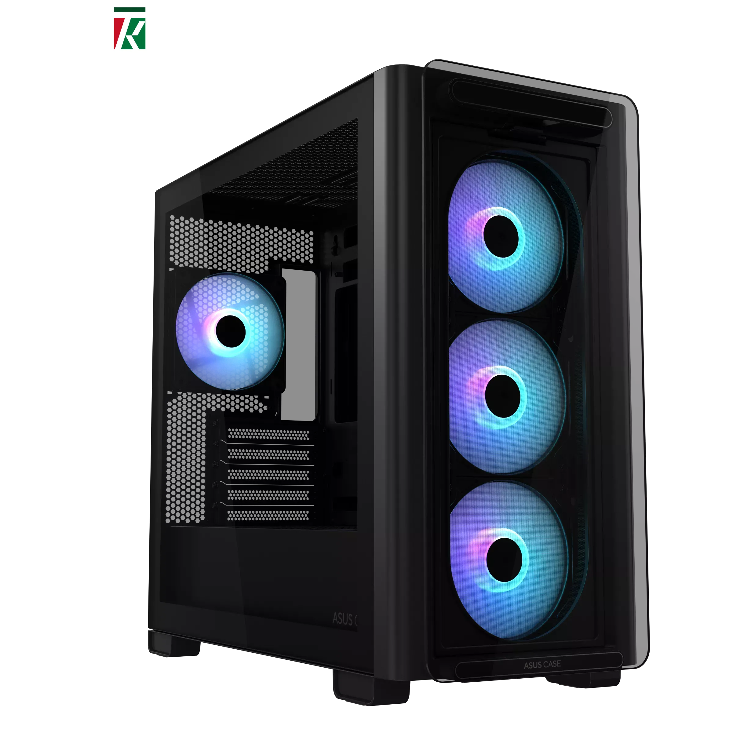 ASUS A23 PLUS Black micro-ATX Case – Hidden-Connector Motherboard Support, 360mm Radiators, 380mm GPU Clearance, 4 Pre-Installed ARGB Fans, Clean Cable Management